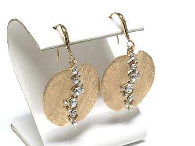 Crystal centered scratch metal disk drop earring - brass metal