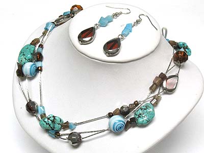 Multi strand turquoise shell and multi beads link necklace and earring set