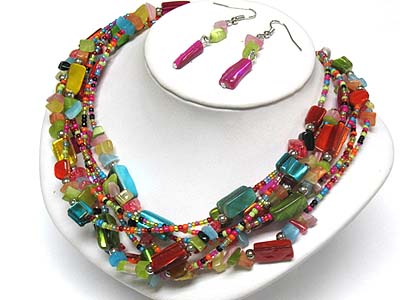 Multi strand shell and seed beads link necklace and earring set