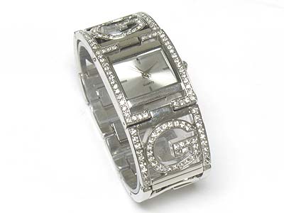 Designer inspired crystal frame metal band watch