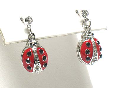 Whitegold palting crystal and enamel ladybug earring