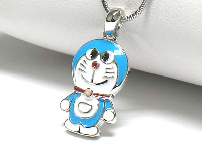 Whitegold palting crystal and enamel cartoon character necklace - doraemon