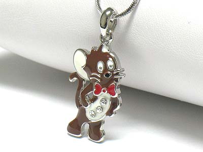 Whitegold palting crystal and enamel cartoon character necklace -  mouse