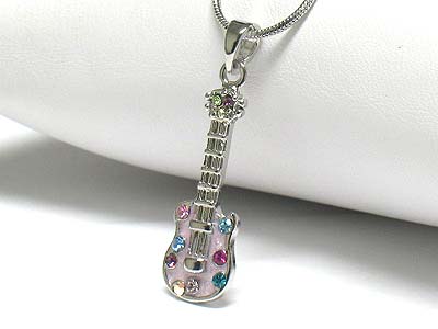 Whitegold palting crystal stud enamel guitar necklace