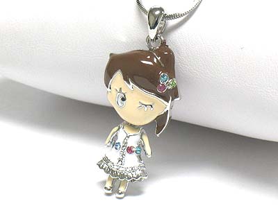 Made in korea whitegold plating and enamel crystal stud wink girl necklace