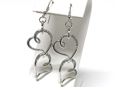 Made in korea whitegold plating crystal dual heart link drop earring