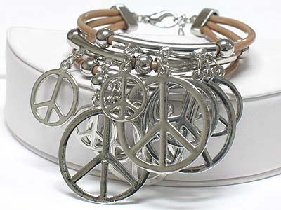 Multi peace mark charm dangle triple cord link bracelet