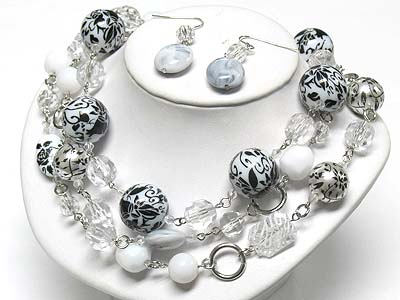 Multi strand black and white beads necklace and earring set