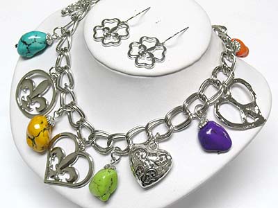 Multi color genuine stone and charm dangle chain necklace and earring set