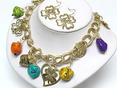 Multi color genuine stone and charm dangle chain necklace and earring set