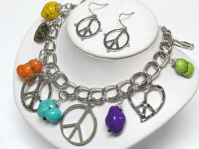 Multi color genuine stone and peace charm dangle chain necklace and earring set