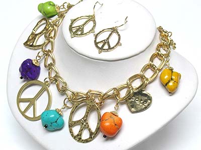 Multi color genuine stone and peace charm dangle chain necklace and earring set