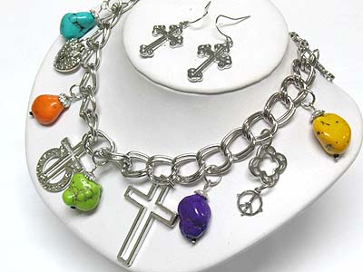 Multi color genuine stone and cross charm dangle chain necklace and earring set