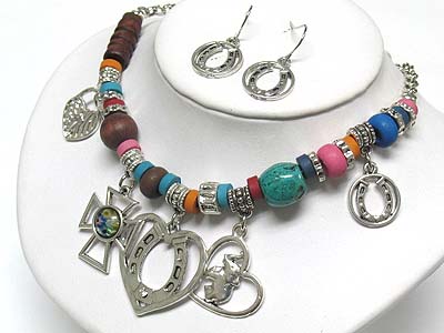 Multi color genuine stone and charm dangle chain necklace and earring set