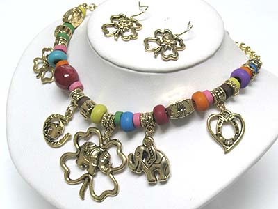 Multi color genuine stone and charm dangle chain necklace and earring set