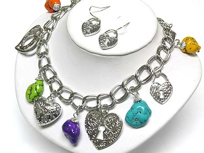 Multi color genuine stone and charm dangle chain necklace and earring set