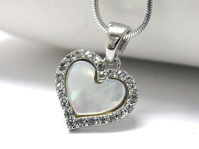 Made in korea whitegold plating crystal stud mother of pearl heart pendant necklace