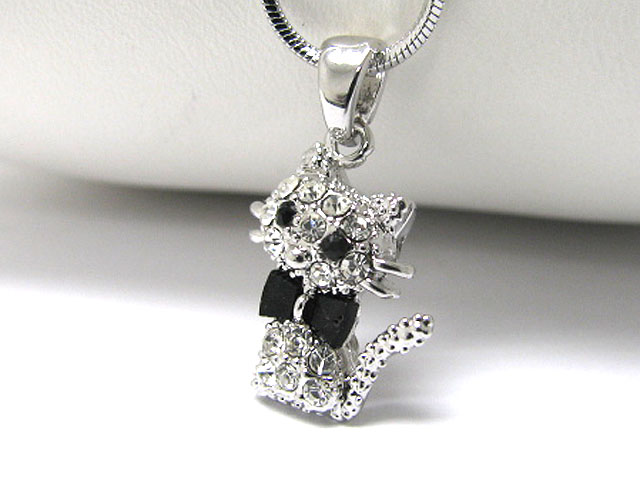 Made in korea whitegold plating crystal stud cute cat pendant necklace