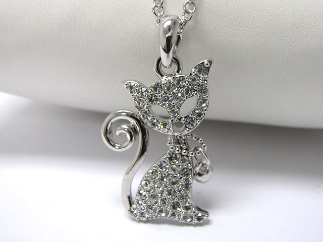 Made in korea whitegold plating crystal stud cat pendant necklace