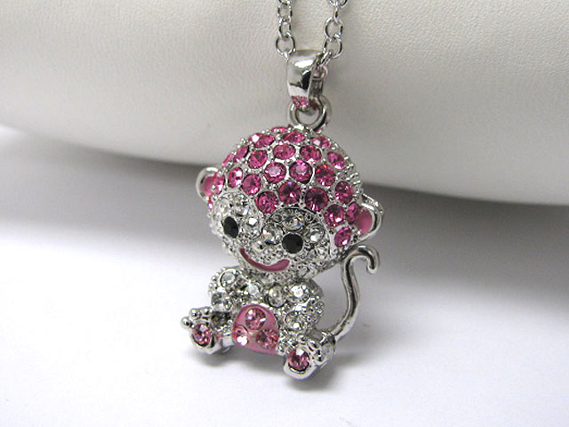 Made in korea whitegold plating crystal stud cute monkey pendant necklace