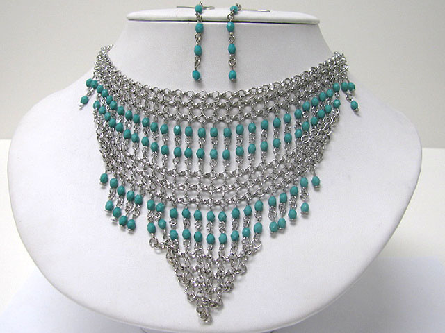 Multi chain and metal chain bib style necklace earring set