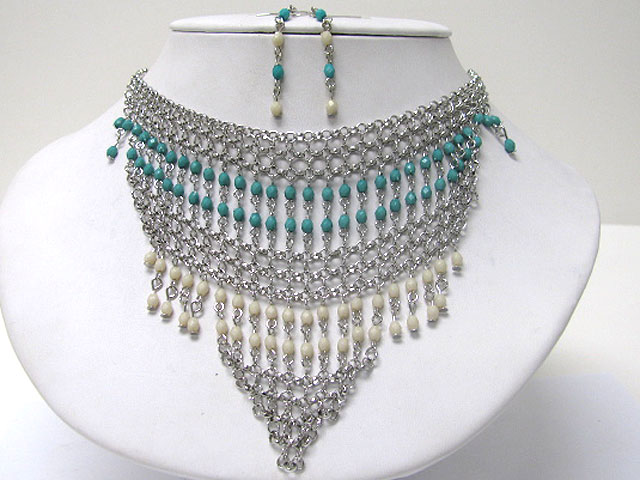 Multi chain and metal chain bib style necklace earring set