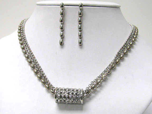 Crystal stud metal tube and multi chain thread necklace earring set