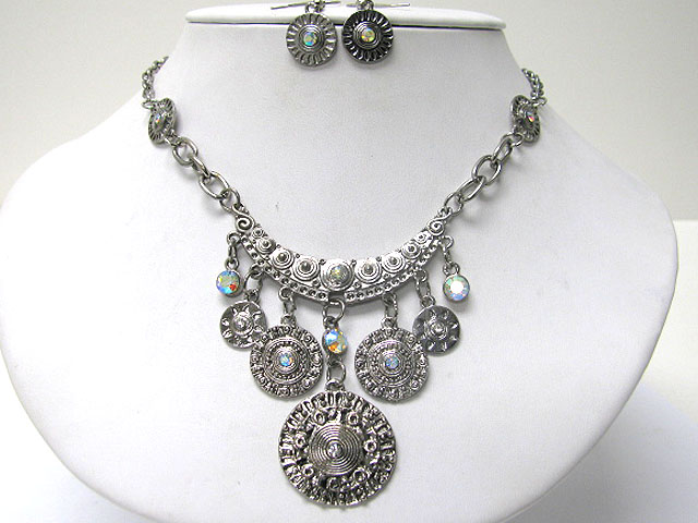 Crystal and metal disk dangle necklace earring set