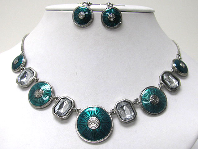 Glass stone and enamel art disk link necklace earring set