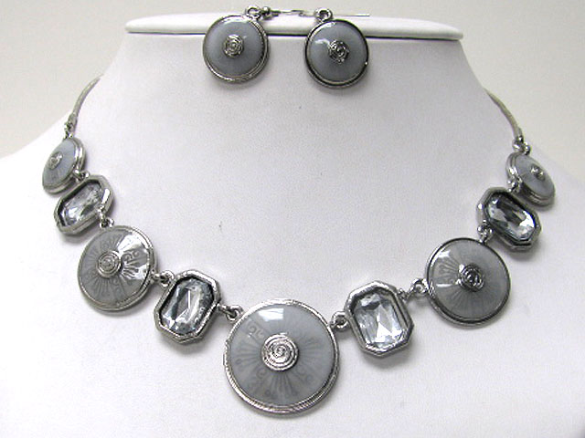 Glass stone and enamel art disk link necklace earring set