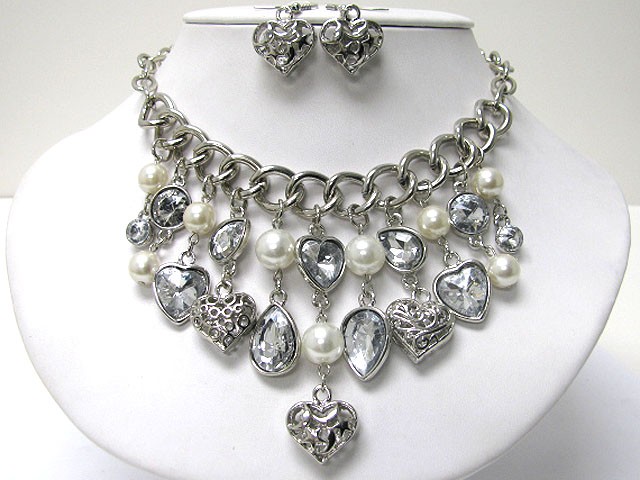 Multi row pearl ball glass stone and metal charm dangle necklace earring set