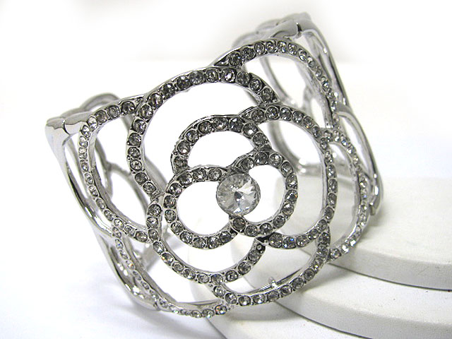 Crystal stud flower pattern metal cuff bangle