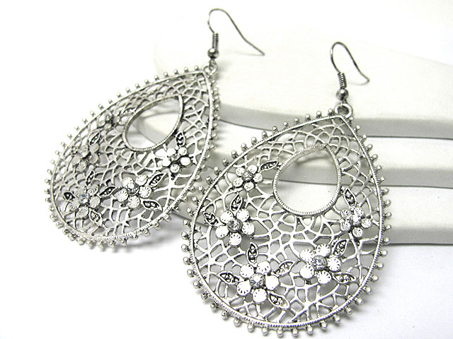 Crystal stud flower deco metal oval earring