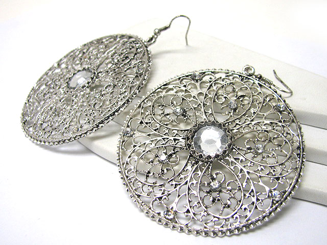 Crystal stud large metal round disk earring