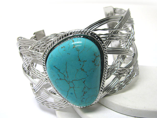 Turquoise stone wooven metal cuff bangle