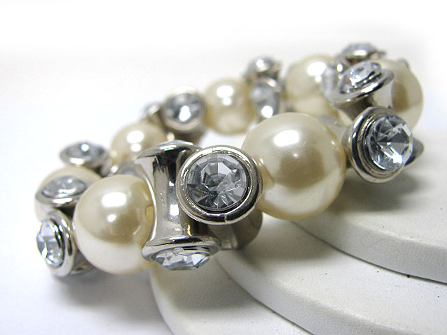 Pearl and crystal edge metal link stretch bracelet