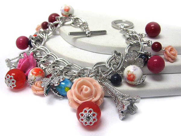 Multi flower charm and eiffel tower toggle bracelet