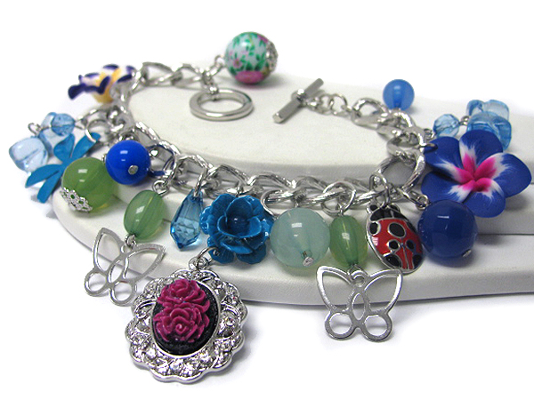 Multi flower and stone charm toggle bracelet