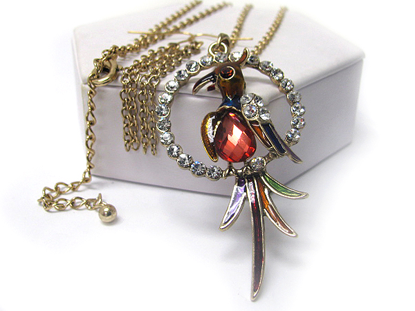 Crystal deco tropical bird necklace earring set