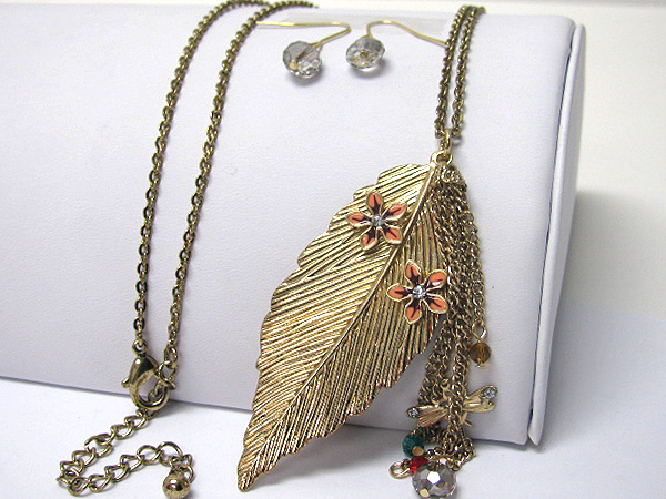 Large metal leaf and multi chain drop long necklace earring set