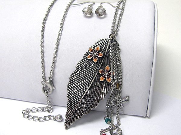 Large metal leaf and multi chain drop long necklace earring set