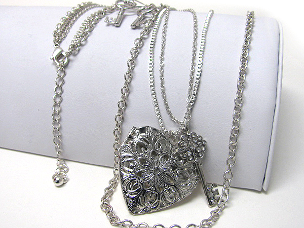 Crystal deco heart locket pendant long necklace earring set