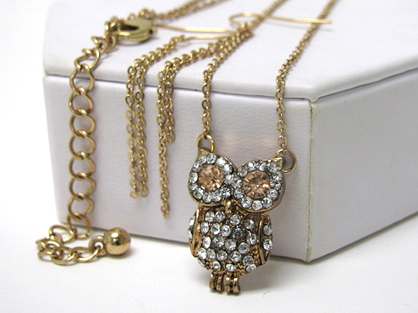 Crystal stud owl necklace earring set