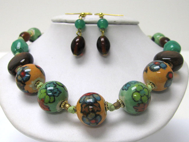 Art deco ceramic beads link necklace earring set