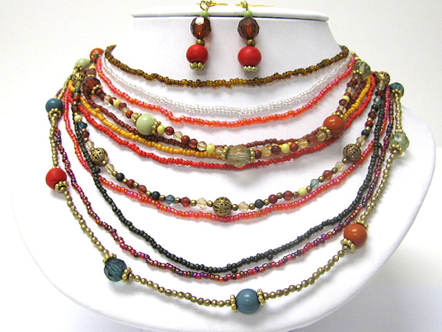 Multi row mixed beads necklace earring set