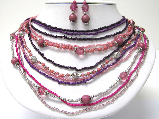 Multi row mixed beads necklace earring set