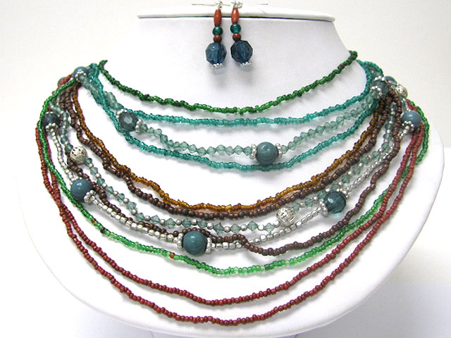 Multi row mixed beads necklace earring set