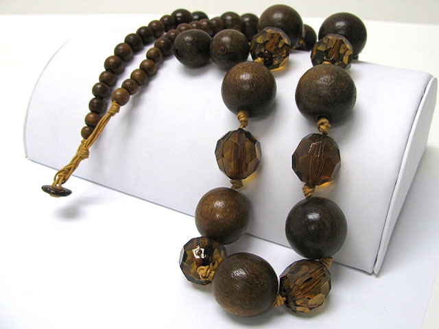 Eco friendly wooden ball and facet glass  baeds link necklace earring set