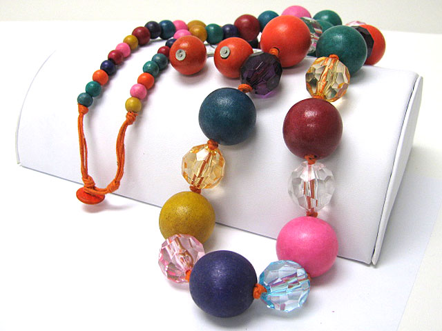 Eco friendly wooden ball and facet glass baeds link necklace earring set