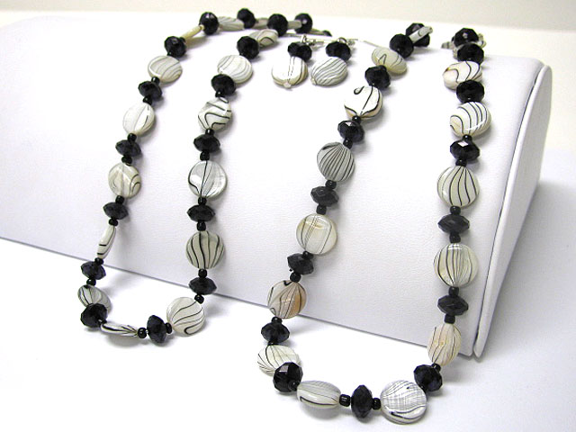 Art shell disk and facet glass beads long necklace earring set